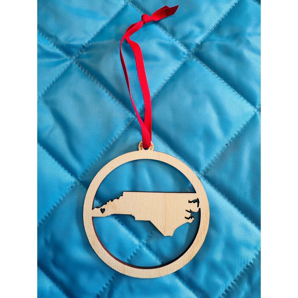 North Carolina Wooden Border Ornament Red Ribbon